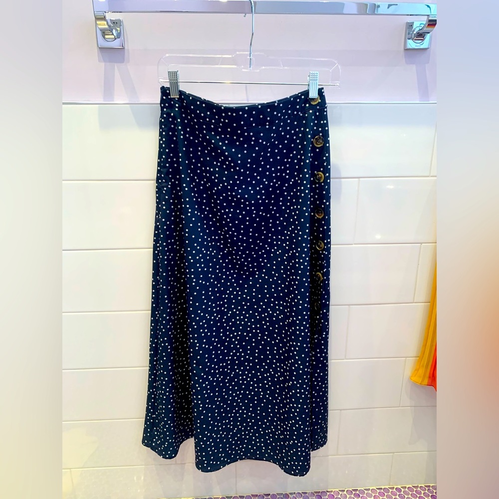 Shein navy blue polka dot midi skirt with slit and button detail, size S